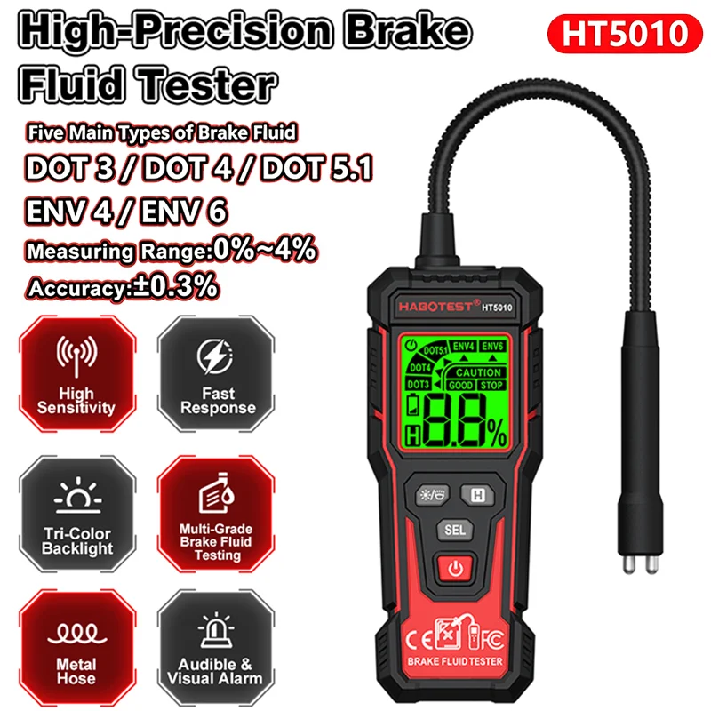 HT5010 Digital Brake Fluid Tester Auto Car Brake Oil Detector DOT3/DOT4/ DOT5.1/ENV4/ENV6 Tri-Color Backlight Brake Oil Tester