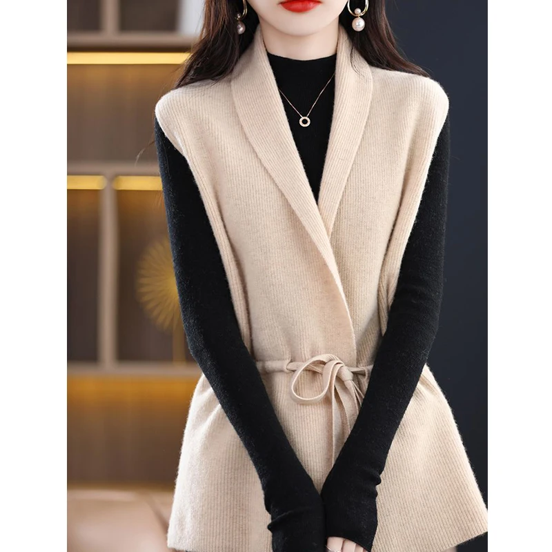 2024 Autumn Women Elegant Fashion Lace Up Cardigan Chic V Neck Loose Outerwears Sweater Vest Simple Sleeveless Knitted Waistcoat