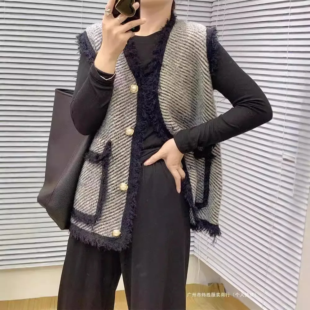 Shoulder Women's Loose Vest, Wool, Spring And Autumn Knitted Cardigan Jacket, Thousand Bird Grid Small Fragrant Style Top, Mink