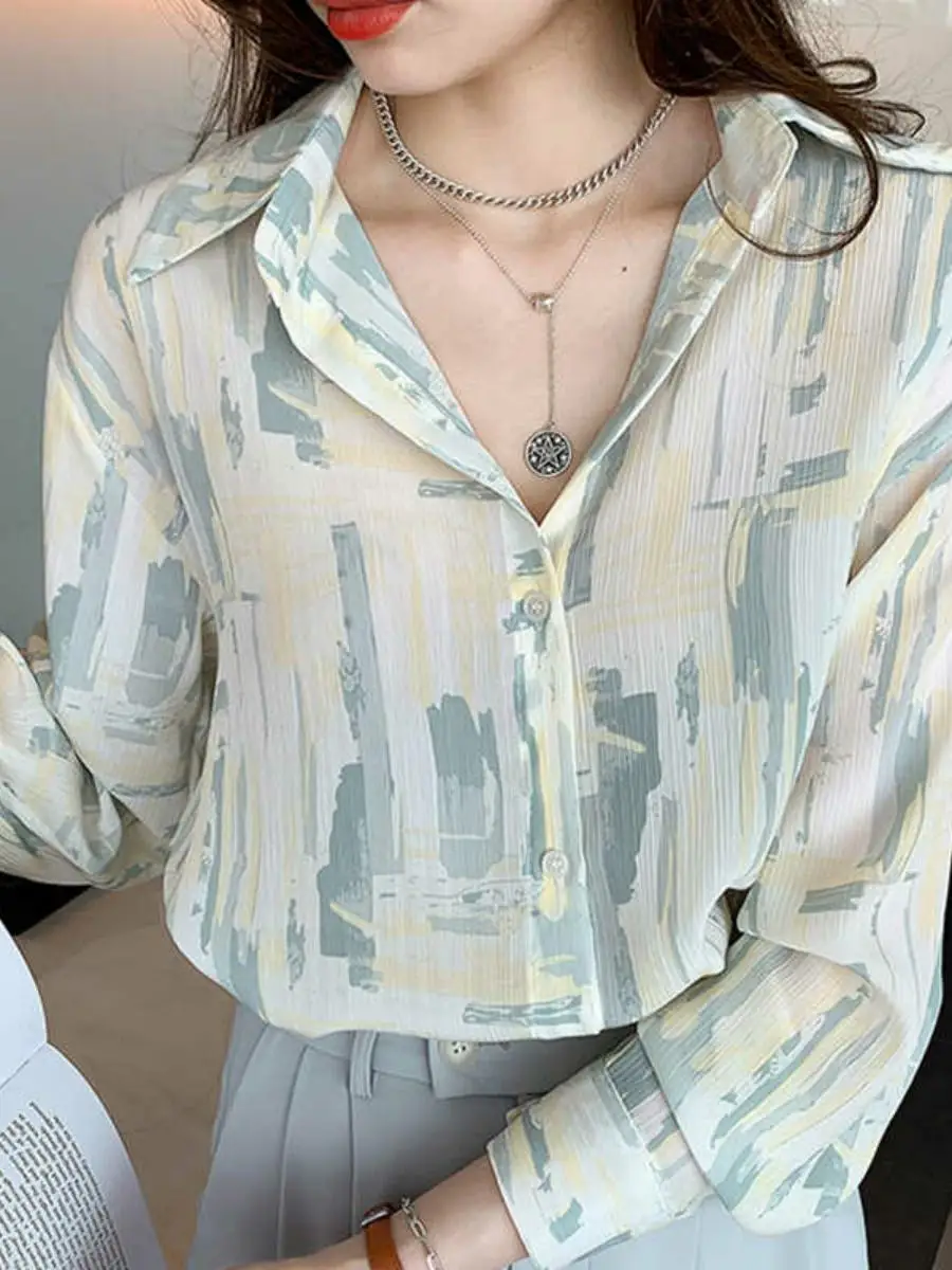 

Early Autumn Printed Thin Shirt Brand Button Design Short Sleeve Sun Protection Women's Commute Style Regular Fit Collar