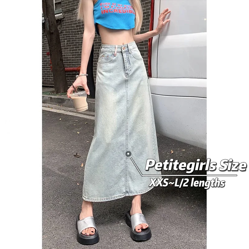 

150cm Petite girls Design Sense Split Denim Skirt Women High Waist A-line Wrap Buttocks Mid Length Version XS Appear High Summer