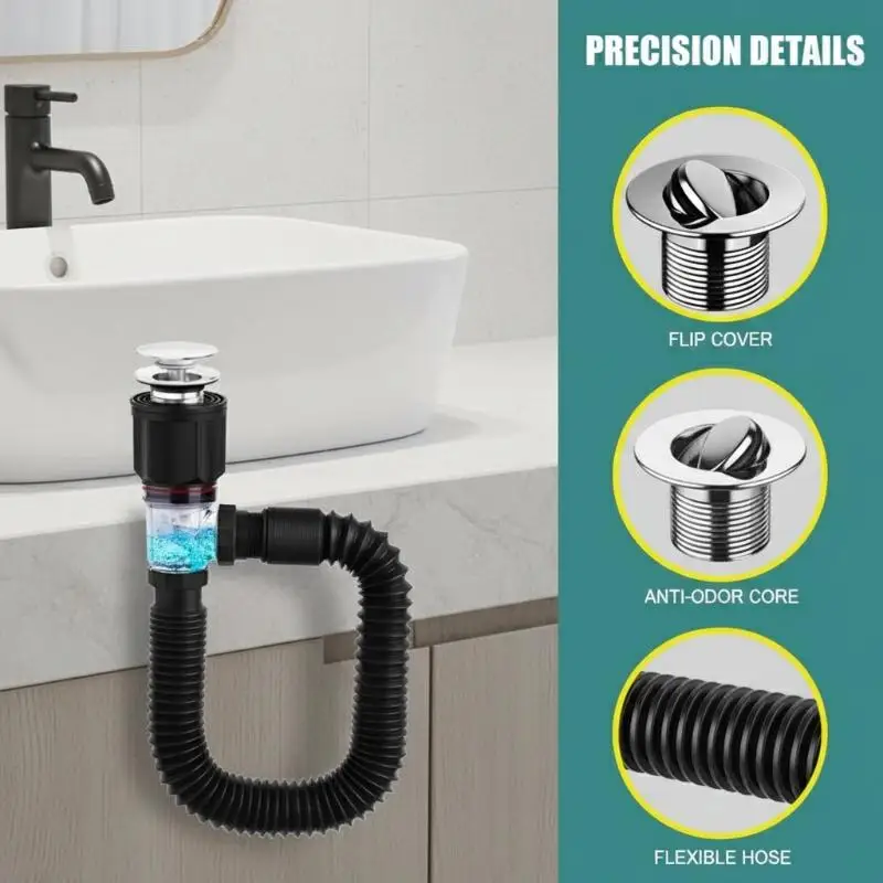 

Stainless Steel Washbasin Washbasin Sink Wall Drainage Pipe Kitchen Bathroom Accessories Anti Odor Drainage Pipe Universal Flip