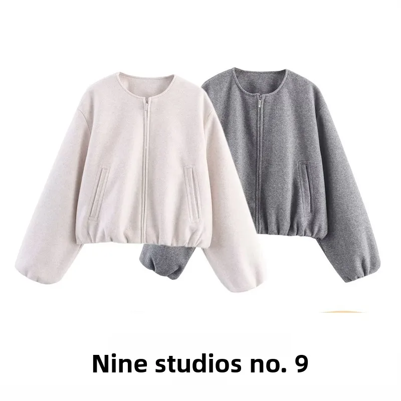 

NINE ZA Women's Soft ort Pilot Jaet Zipper Decorated round Ne Color Outerwear Casual Loose Fit Fem Coat