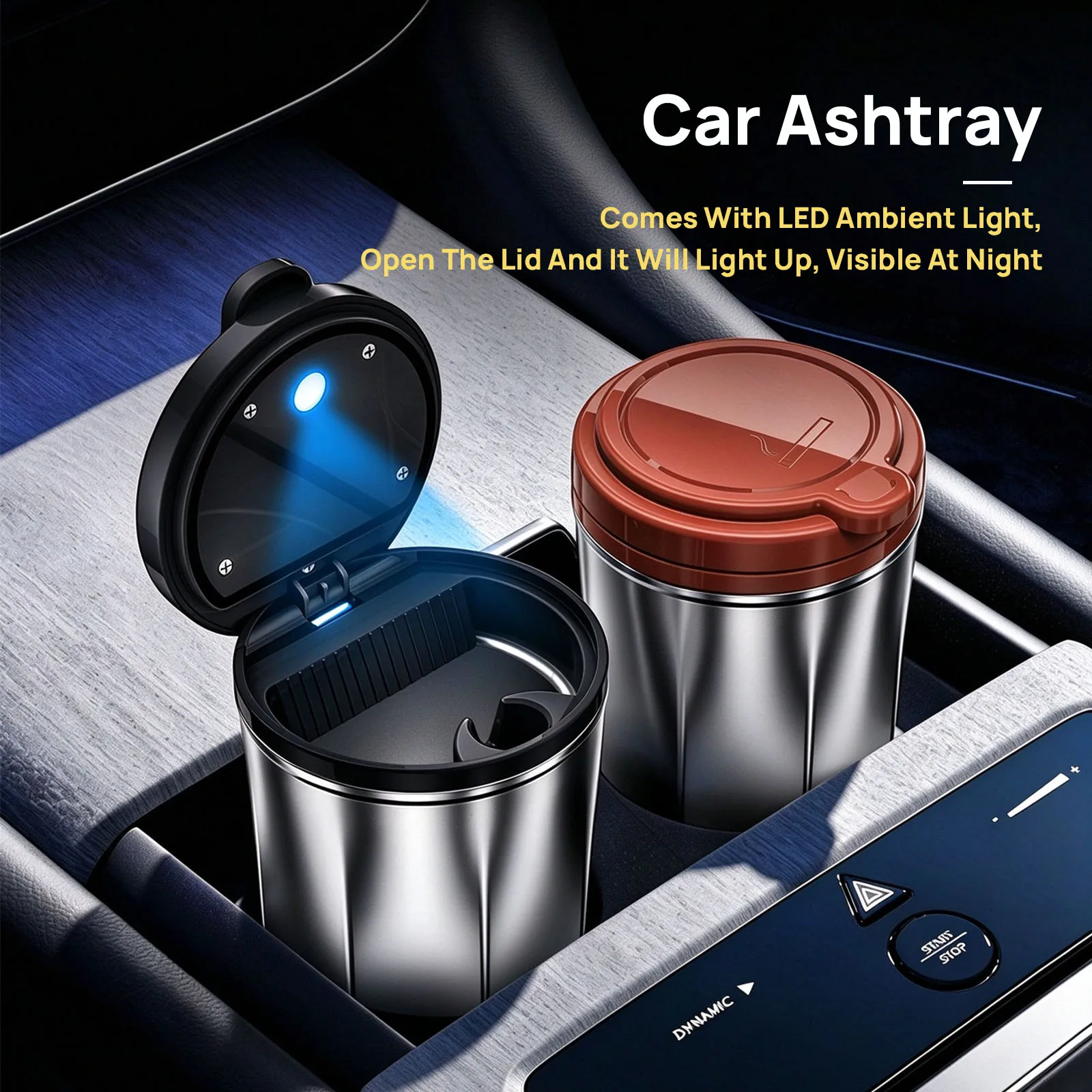Portable Car Ashtray With LED Light Universal Alloy Ash Tray Car Retardant Cigarette Holder Ash Tray Car Interior Accessories