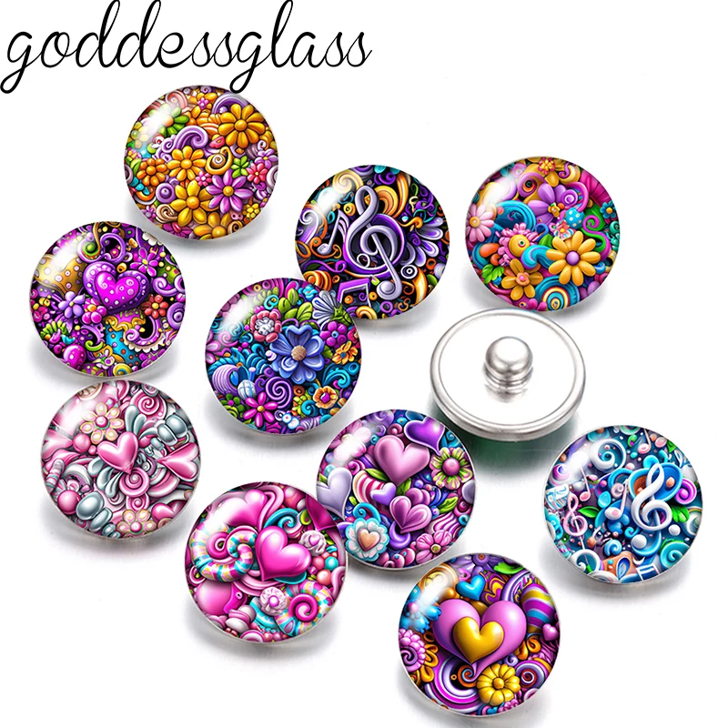 New Colorful Hearts Flowers Music nots 10pcs mixed 12mm/18mm snap buttons for 12mm/18mm snap bracelets DIY snap jewelry