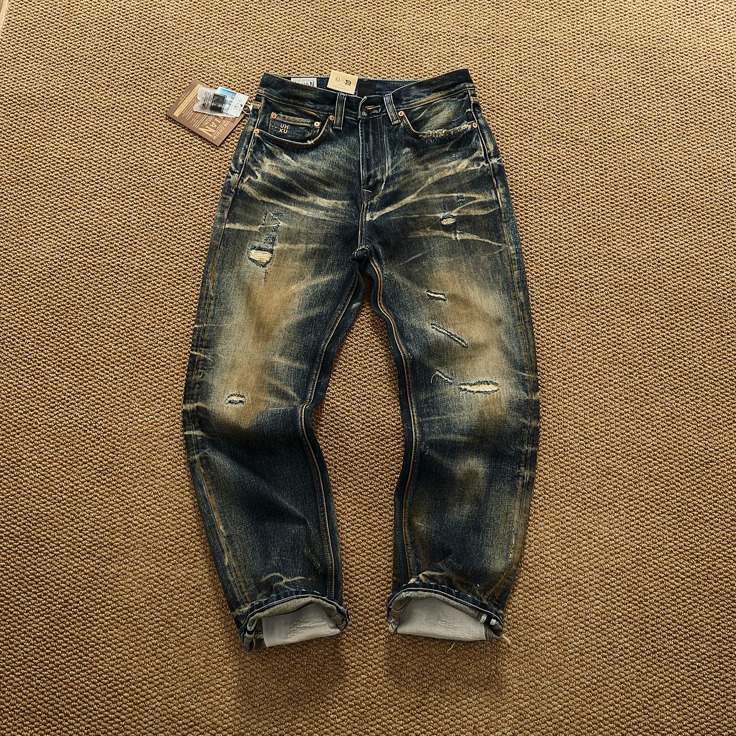 2025 Autumn New American Retro Heavyweight Ripped Denim Patch Men's Fashion 100% Cotton Washed Straight Tapered Casual Jeans