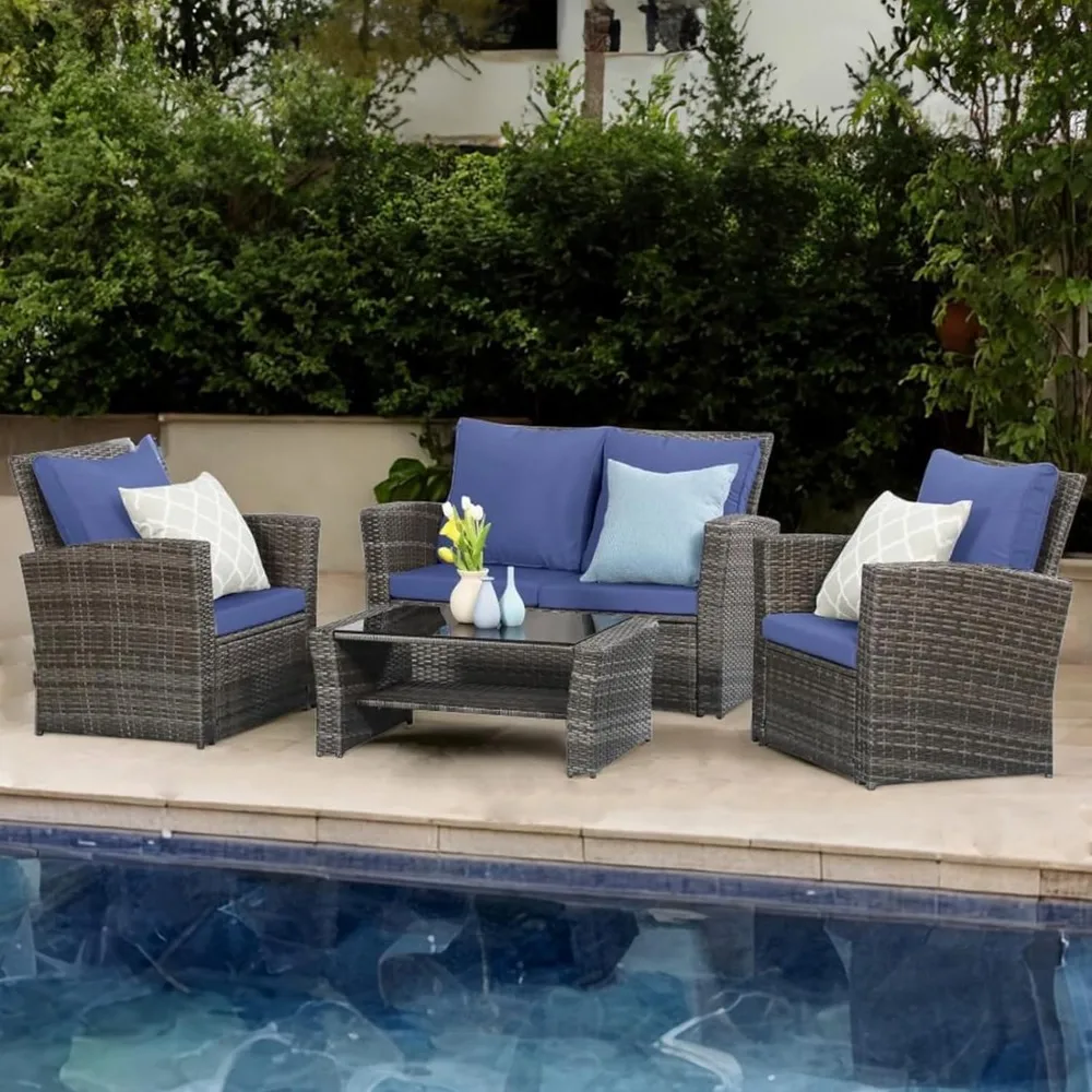 4-piece outdoor terrace furniture set, porch deck wicker dialogue set, rattan sofa chair with cushion for free transportation