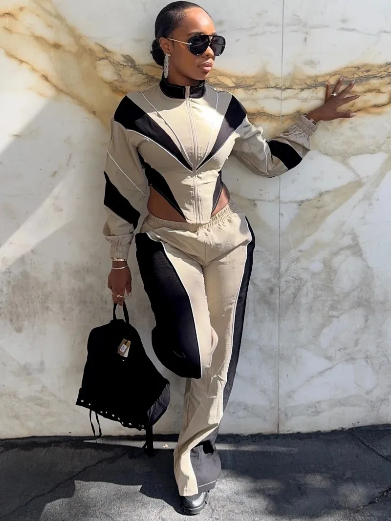 

Женский повседневный комплект из 2 предметов с цветными блоками, воротник-стойка, длинный рукав, куртка на молнии, укороченный топ + широкие брюки, спортивные костюмы