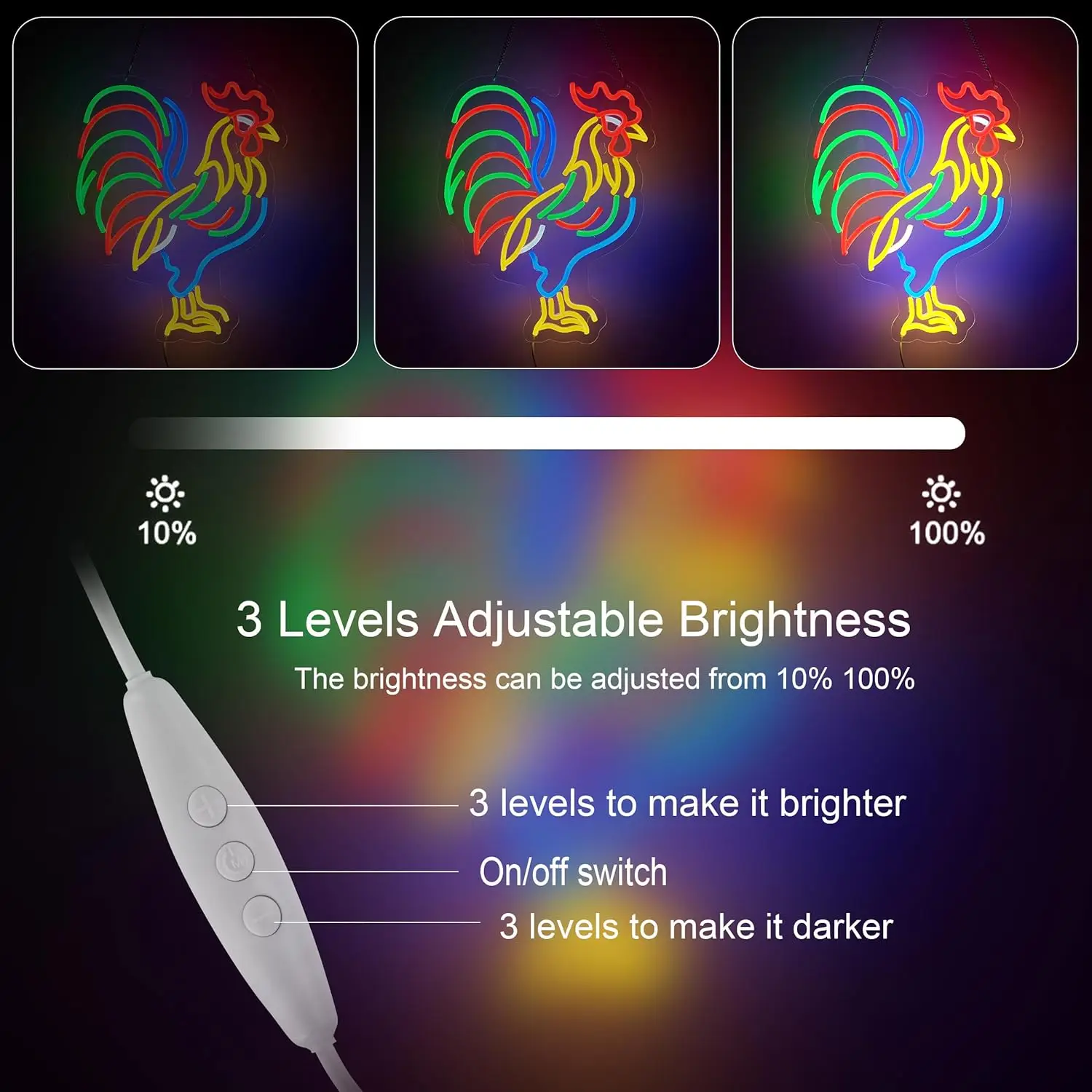 Rooster Neon Sign Chicken USB Dimmable LED Light Up Sign Wall Decor for Man Cave Beer Bar Game Room Lights