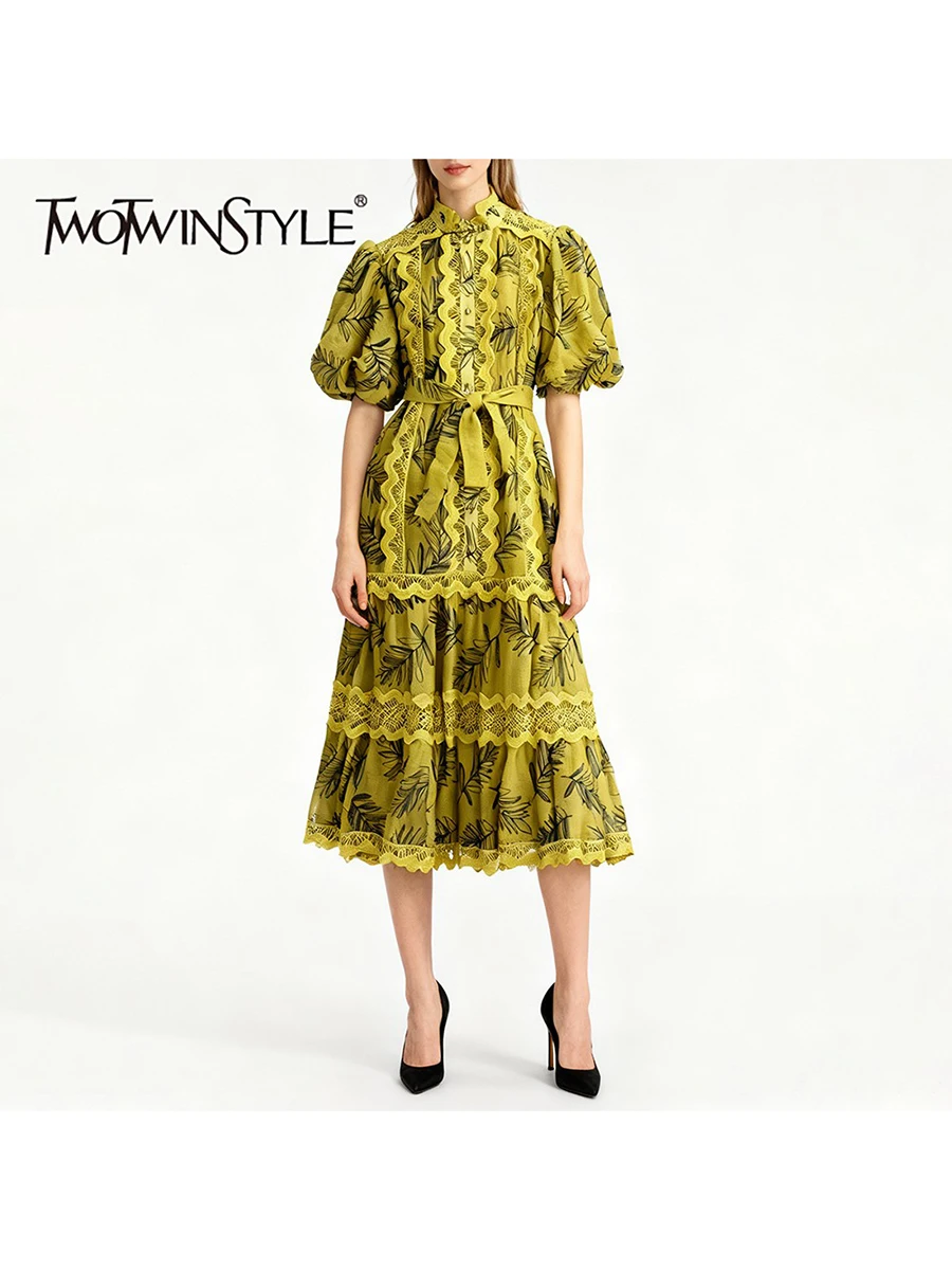 TWOTWINSTYLE الطباعة شير تقسم الدانتيل فساتين أنيقة للنساء الجولة الرقبة قصيرة الأكمام Pathwork الدانتيل يصل فستان طويل الإناث #1