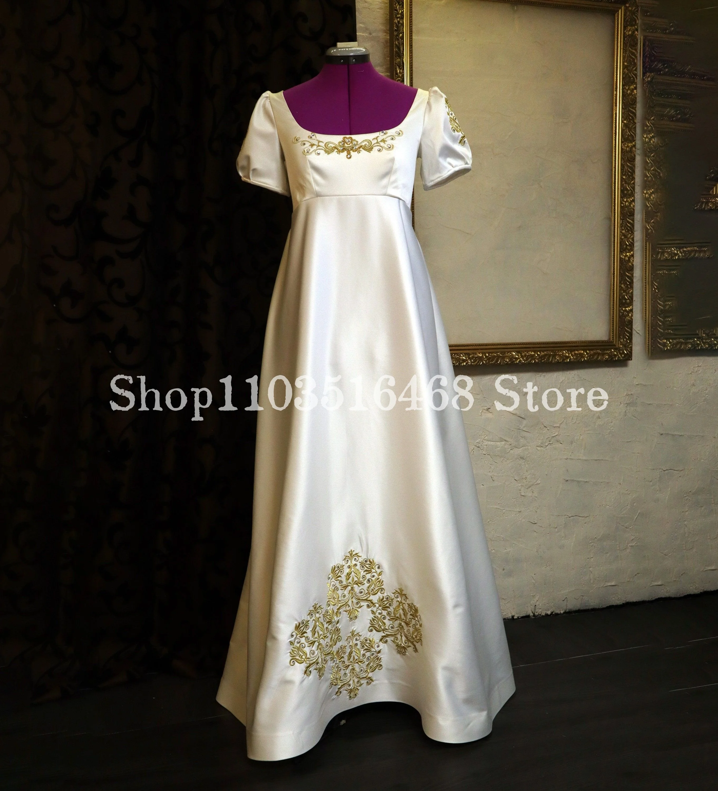 Daphne Bridgetown In Bridgetown Prom Dress Champagne Round Neck Short Sleeve Gold Embroidered A-Line Long Customisationvestidos