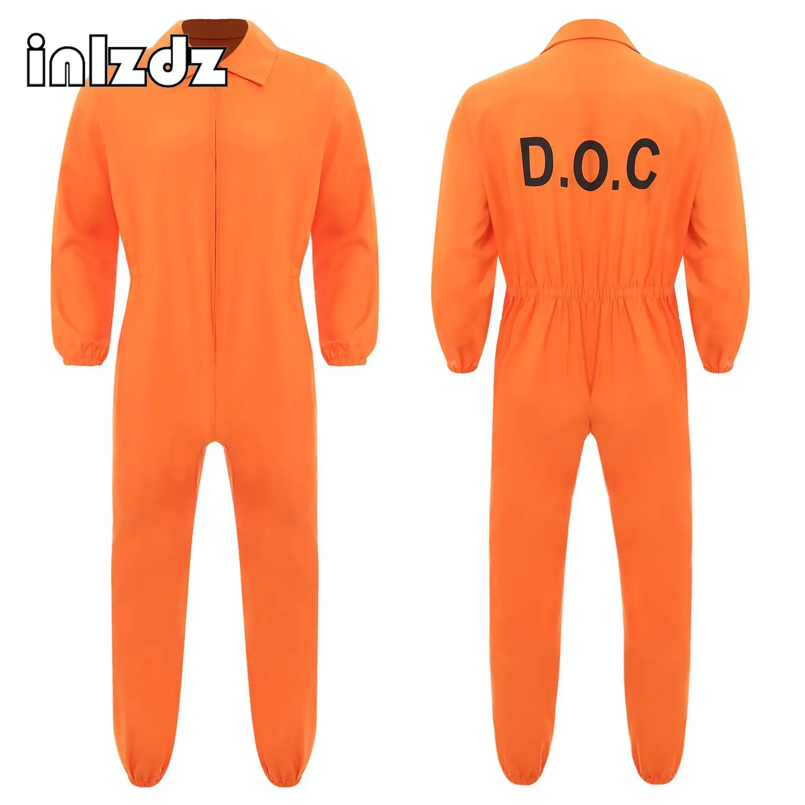 

Mens Adults Prisoner Cosplay Costume Halloween Jailbird Inmate Jumpsuit Long Sleeve One Piece Overalls Convict Detainee Bodysuit