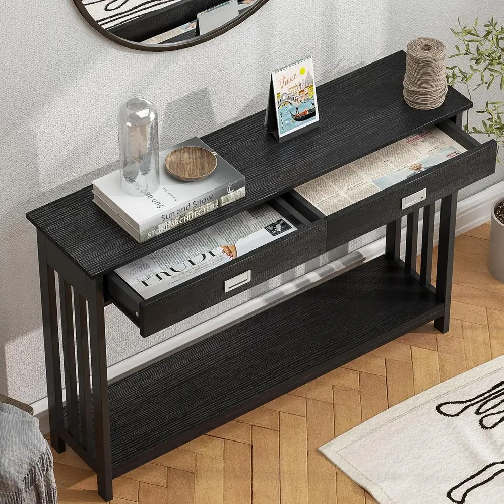 Slim Storage Console Table, 47 Black, for Entryway, Living Room, and Hallway