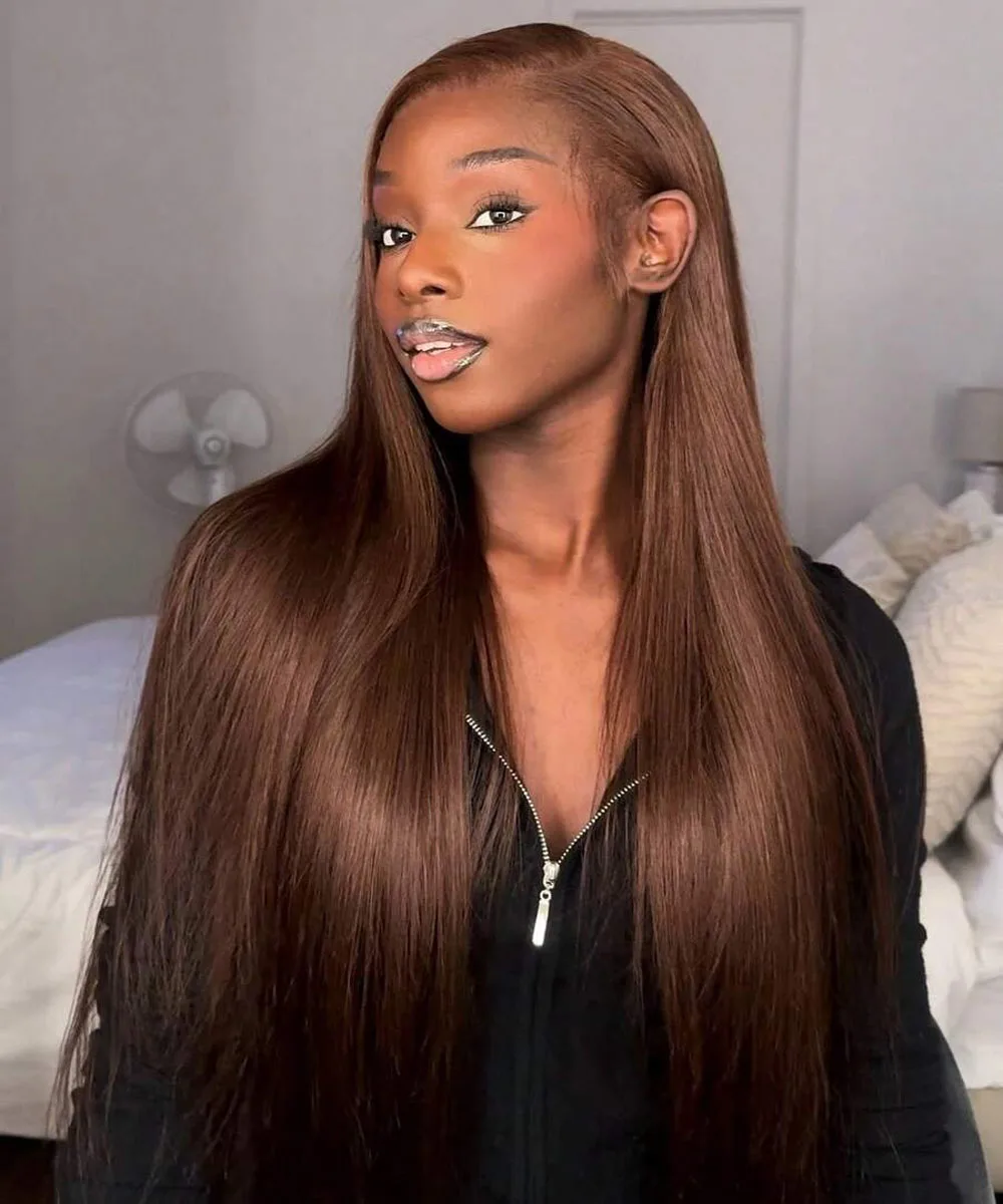 34 Inch 4# Chocolate Brown Straight Human Hair Wig 13x4 HD Lace Frontal Wig 250% High Density Brazilian Virgin Hair Pre-Plucked Natural Hairline With Baby Hair