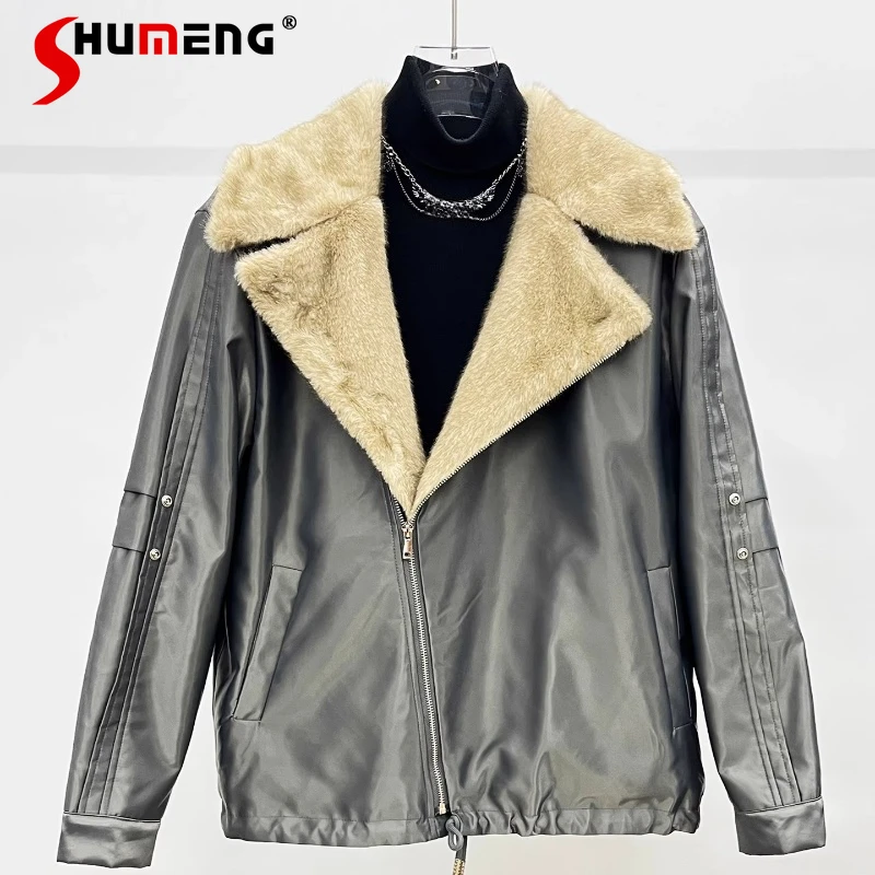 Fashion Plush Jackets Men 2025 Winter New Fleece Warm Parkas Faux Leather Coats Male Lapel Handsome Solid Color Zipper Parkas