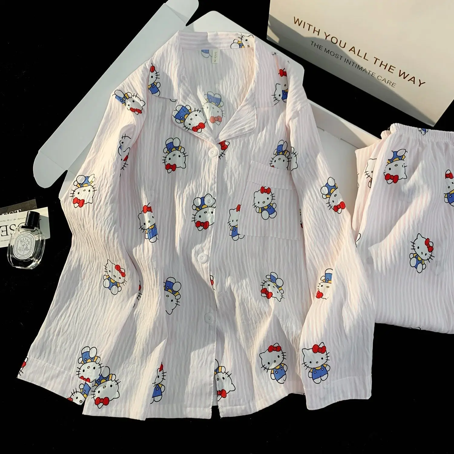 

Пижамы Sanrio Hello Kitty Y2K, комплект из 2 предметов, весенние пижамы, пижамы с длинными рукавами, одежда для сна Kawaii, студенческая ночная одежда с героями мультфильмов, домашний костюм