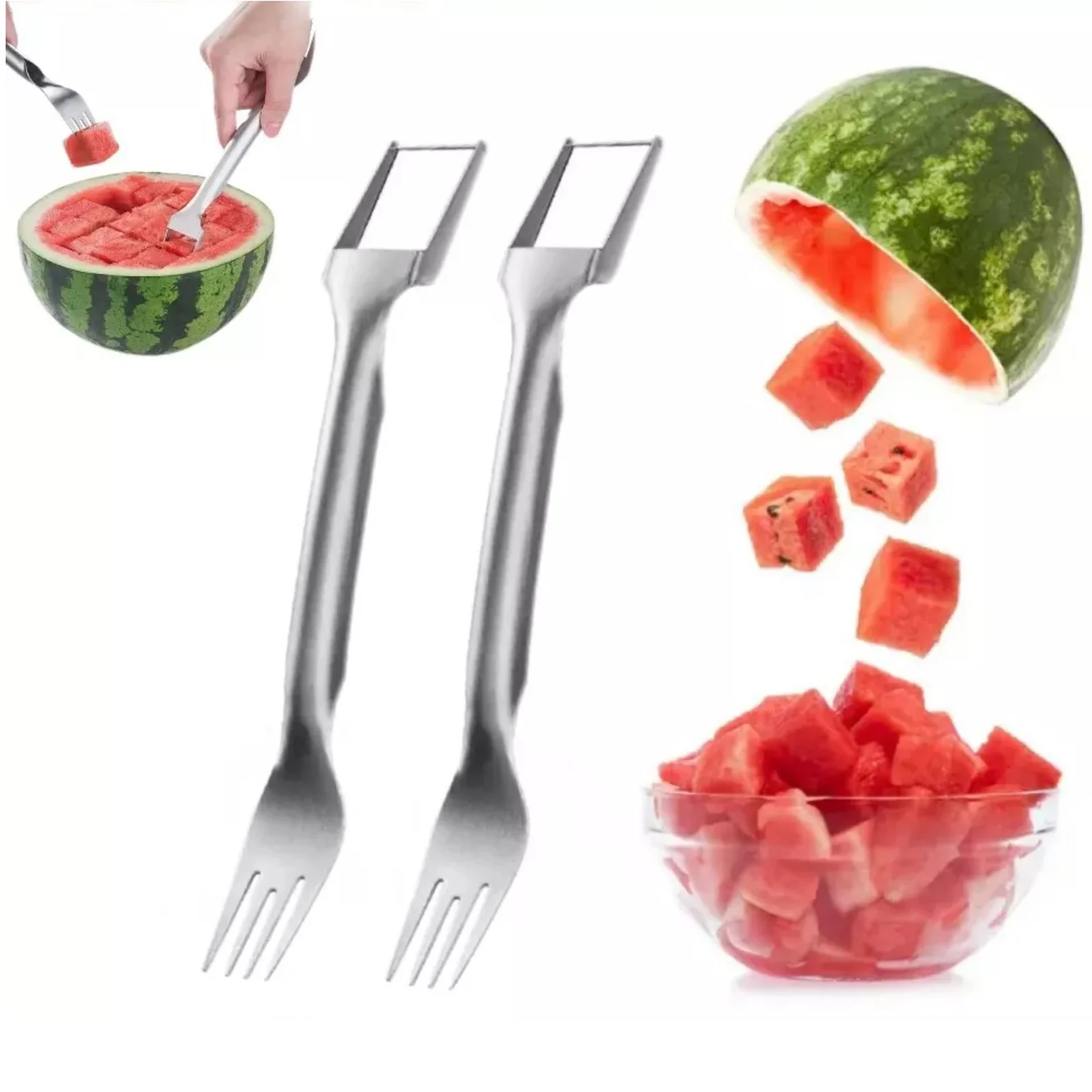 2Pc 2-in-1 Stainless Steel Watermelon Cutting Fork Watermelon Slicer Cutter Watermelon Fruit Cutting For Artifact Kitchen Gadget