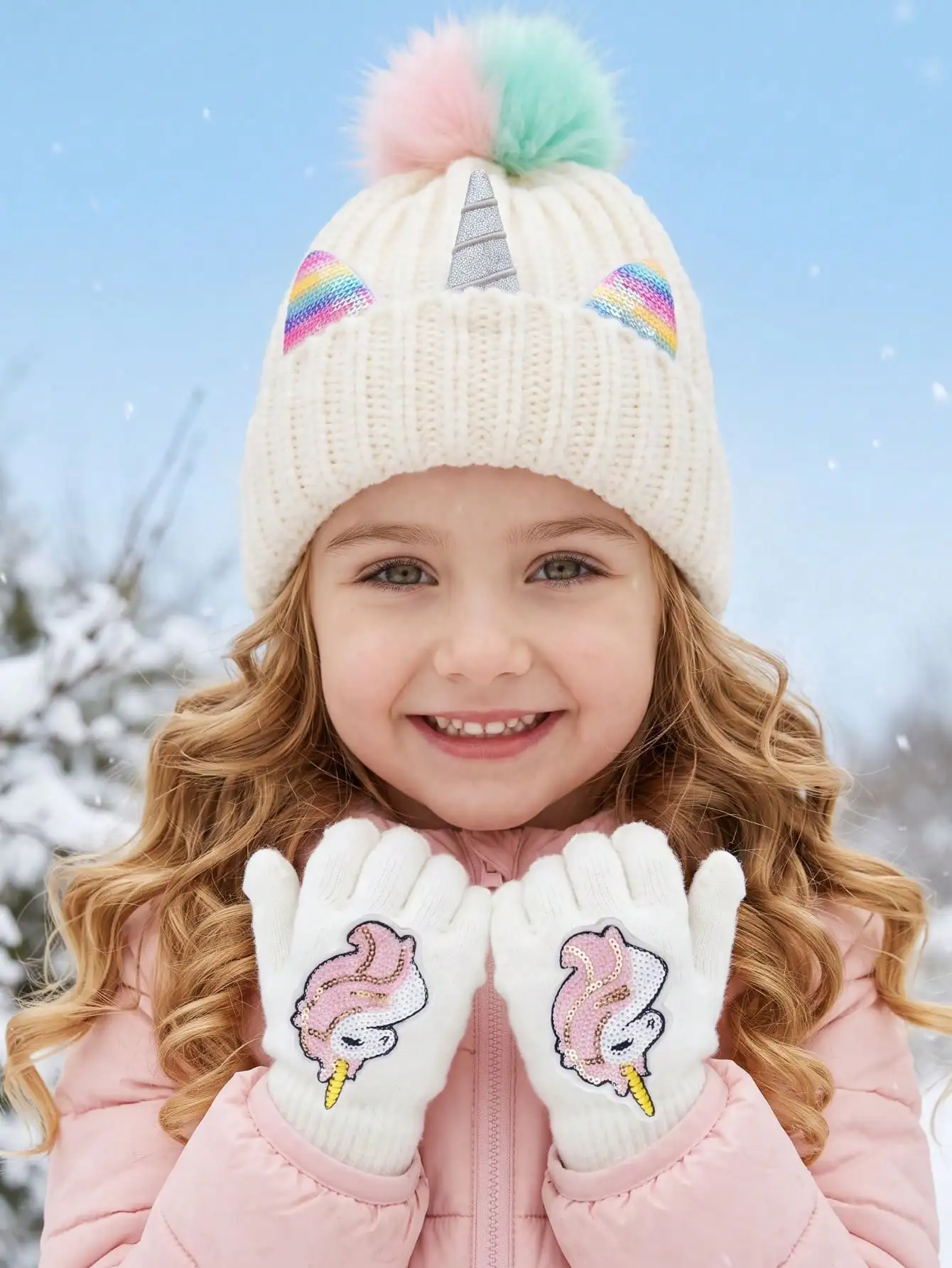 2pcs 2-8Y Kids Girls Cute Cartoon Unicorn Pom Pom Knit Hat & Gloves Set, New 2Pcs Knitted Accessory Kit