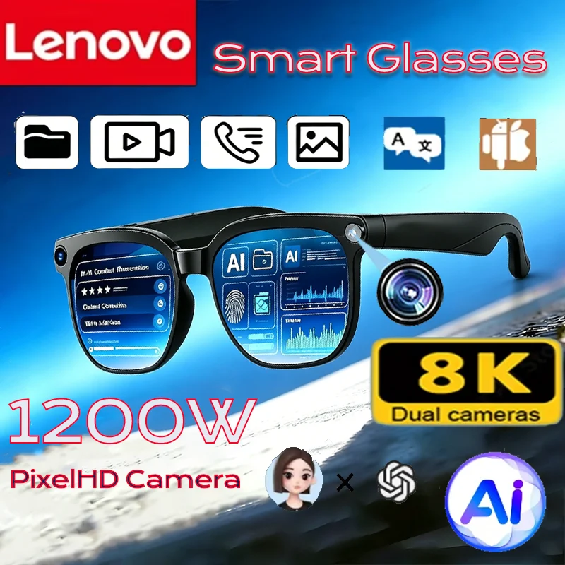 Lunettes intelligentes Lenovo AI 8K avec contrôle tactile, appareil photo, enregistrement, traducteur, assistant vocal, musique, Bluetooth sans fil