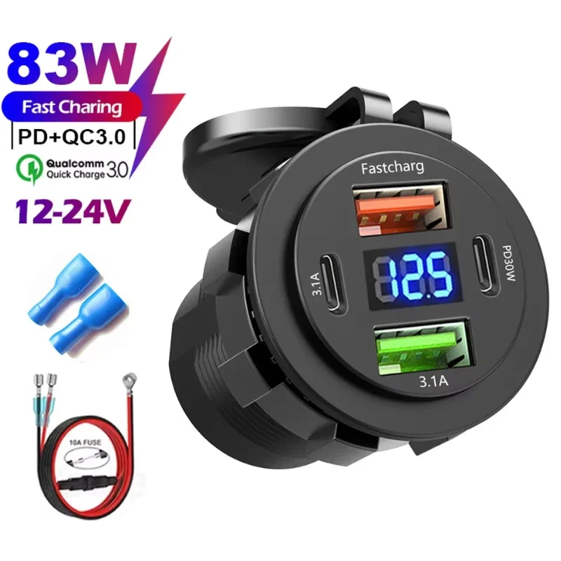 NIEUWE 3/4 Poorten Dual PD Dual QC 3.0 USB Autolader met Voltmeter Socket Stopcontact Adapter Waterdicht voor 12 V/24 V Auto Boot