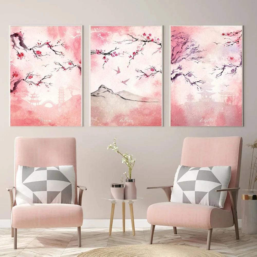 

Японский постер Сакура, принты, розовая Акварель, цветение вишни, холст, живопись, Настенная картина, эстетика, гостиная, домашний декор
