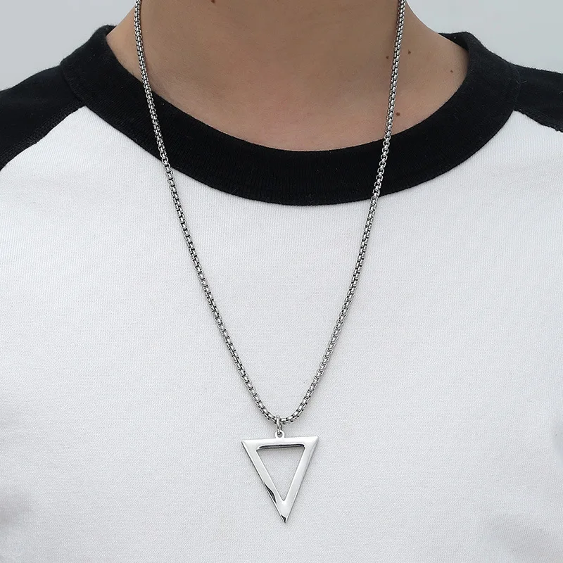 HNSP Stainless Steel Inverted Triangle Pendant Chain Necklace For Men Cool Simple Jewelry Accessories