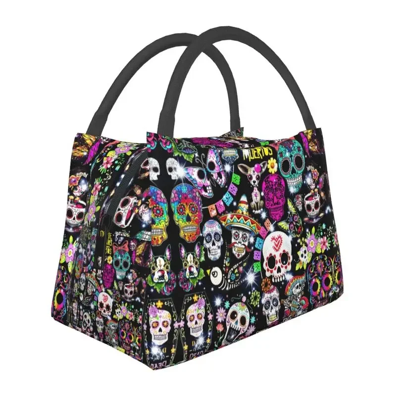 Horror Mexican Day Of The Dead Sugar Skull Insulated Lunch Bag for Halloween Thermal Cooler Lunch Box Beach Camping Travel