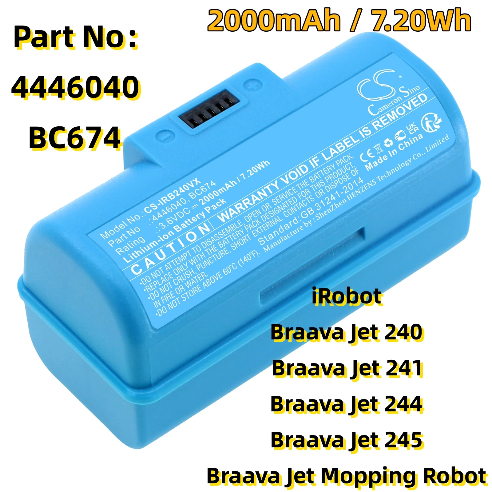 Replacement Battery for iRobot:4446040,BC674,Braava Jet Mopping Robot,Braava Jet 240,241,244,245,Vacuum-2000mAh