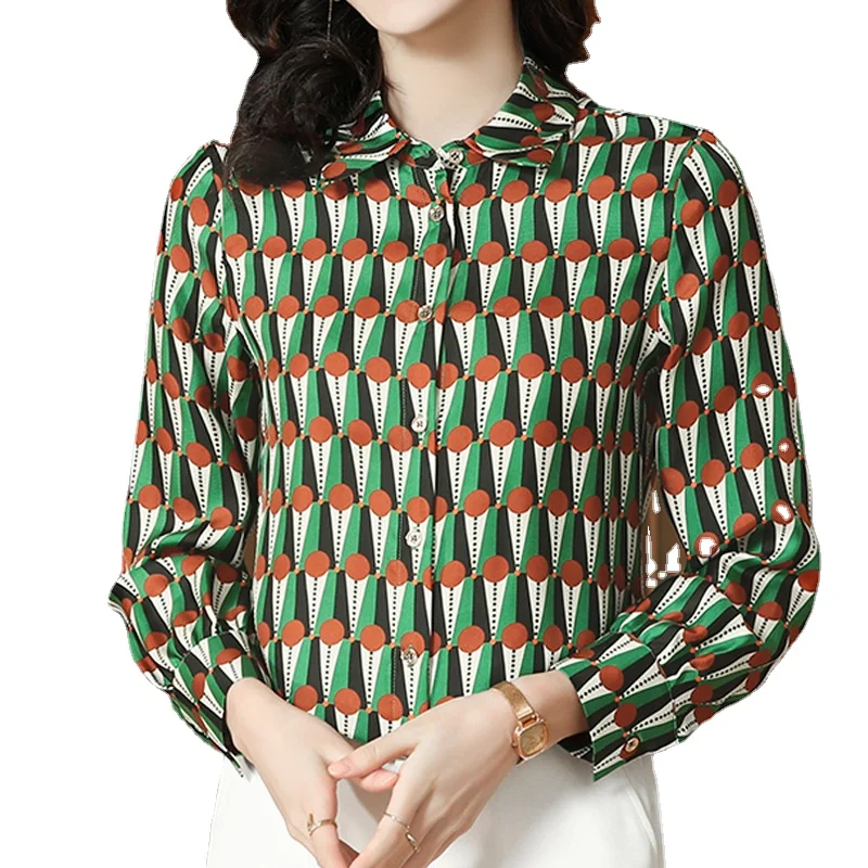 Anieces Vintage Print Groen Vrouwen Shirt Lange Mouw Revers Lente Herfst Slanke Satijnen Blouses Mujer Elegantes Y Juveniles