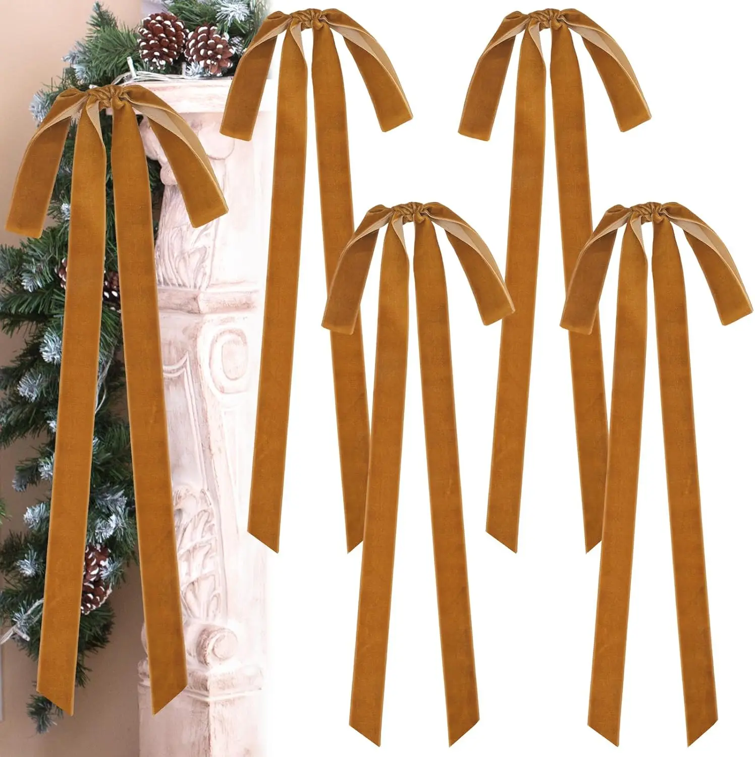

4 Pcs Khaki Velvet Christmas Bows – 23.6×8.7", Rustic Vintage for Tree & Home Decor