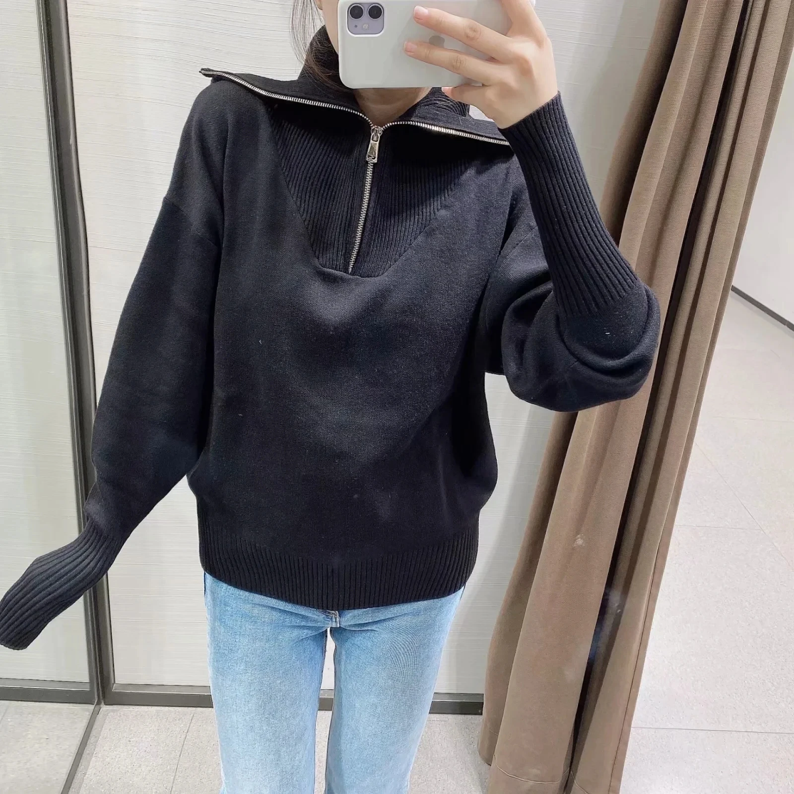 

Zipper Knitting Solid Sweatshirts Women 2024 Fashion Long Sleeve Loose Sweatshirts New Vintage Lapel Female Outerwear Chic Tops