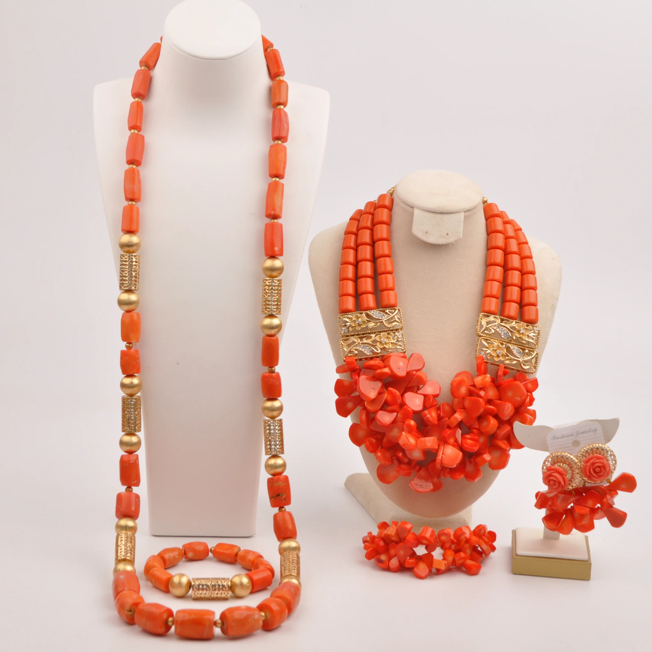 Fashion Nigerian Wedding African Jewelry Set Orange Coral Necklace Bride and Groom Couple Jewelry Sets