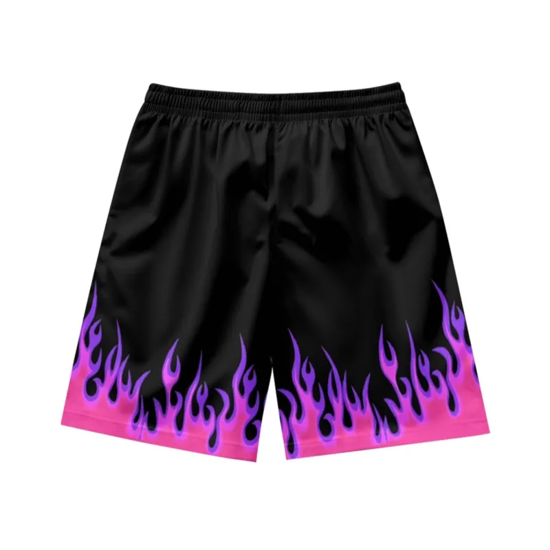 Purple flame skull pattern, personalized temperament, casual trend, summer men's drawstring beach sports shorts