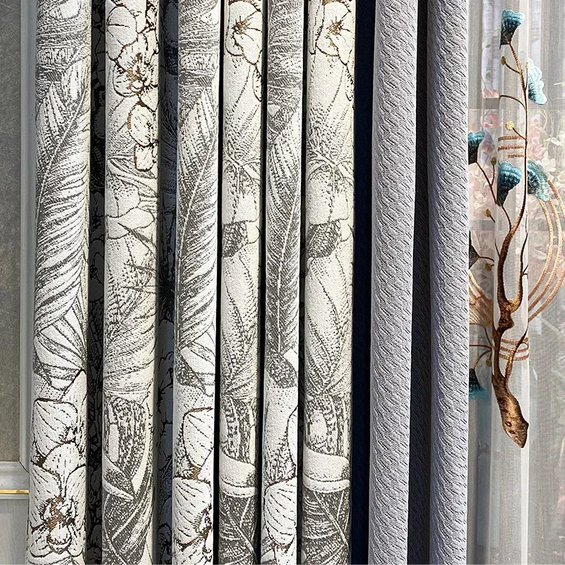 Custom  Size！！French Elegant Chenille Jacquard Stitching Thickened Blackout Curtains for Living Dining Room Bedroom Decor Window