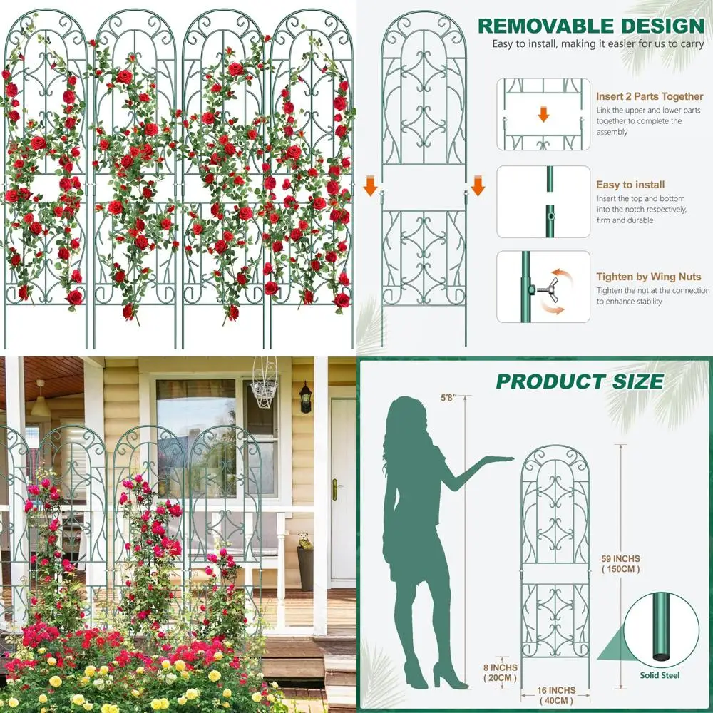 

Set of 4 Green Metal Trellises for Climbing and Vining Plants, Ideal for Roses, Vegetables, and Garden Decoration