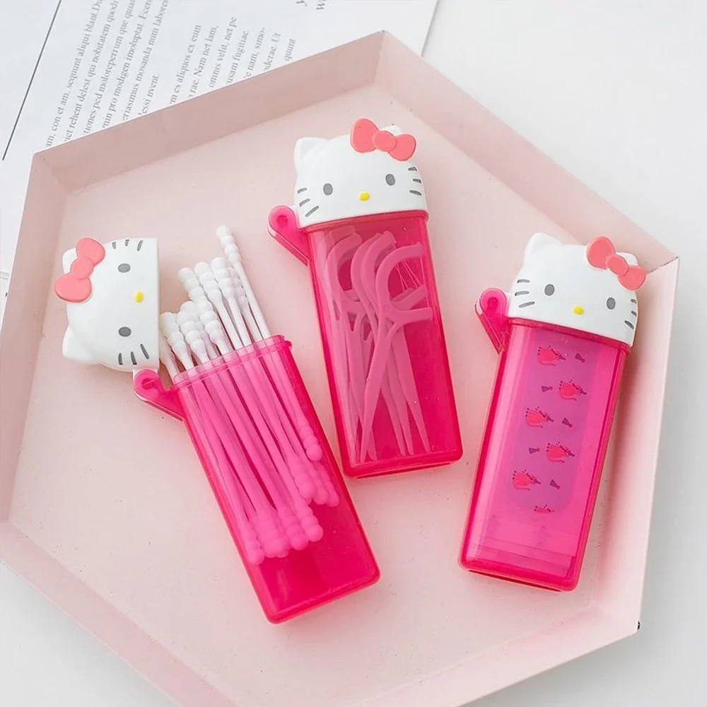 Cute Sanrio Hello Kitty Storage Box Kawaii Anime My Melody Toothpick Cosmetic Swab Storage Box Portable Travel Mini Container