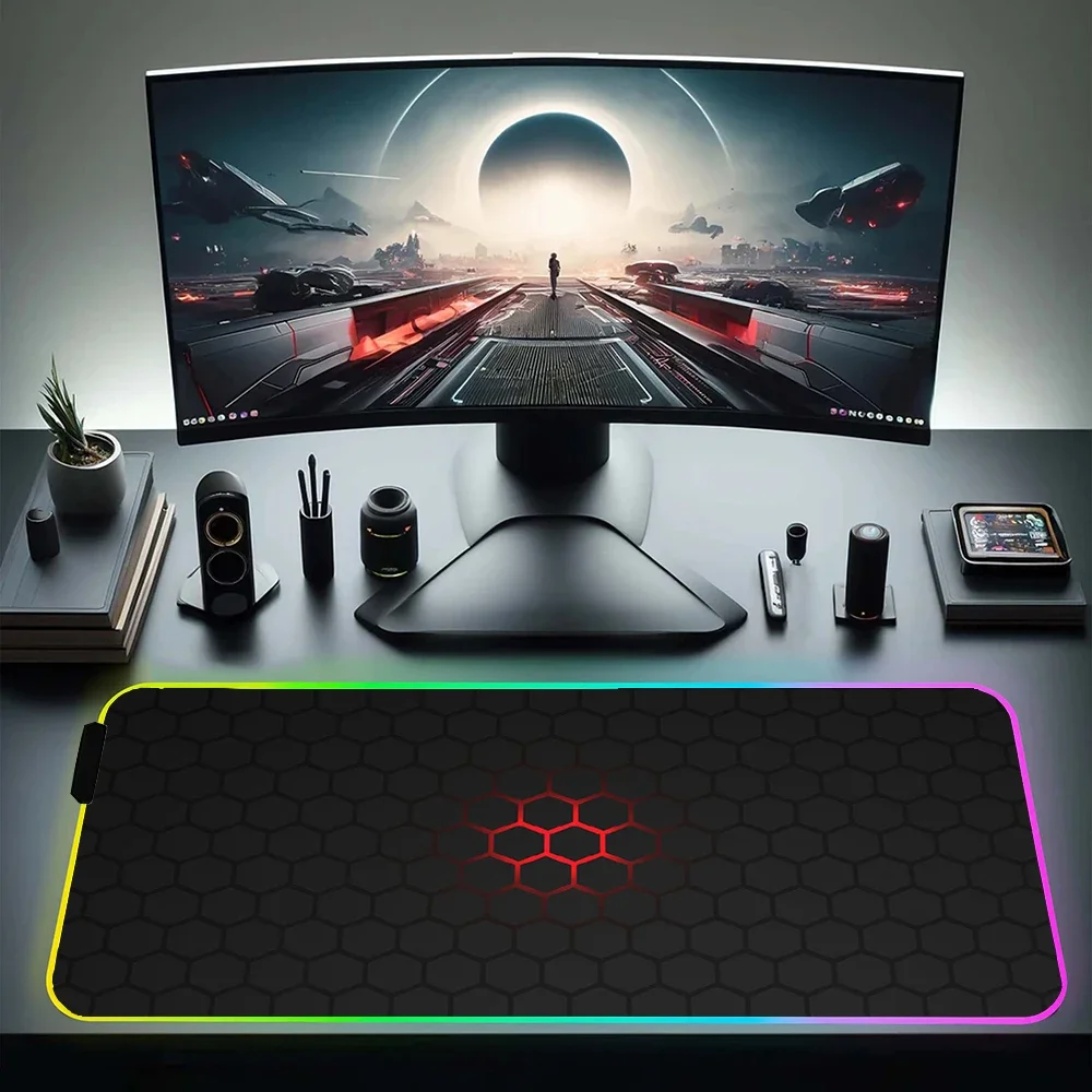 Geometric Mouse Pad XXL With Backlit RGB Mousepad 900x400 LED Gaming Mouse Mat Gamer Professional Non-Slip Computer Keyboard Mat