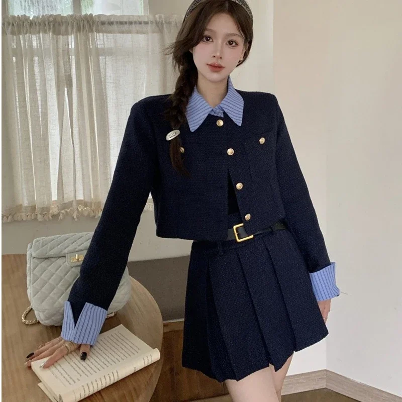 2024 Spring Autumn Preppy Style Blue Patchwork Coats Mini Pleated Skirts Two Piece Set Korean Women Slim Jacket Skirt Outfits