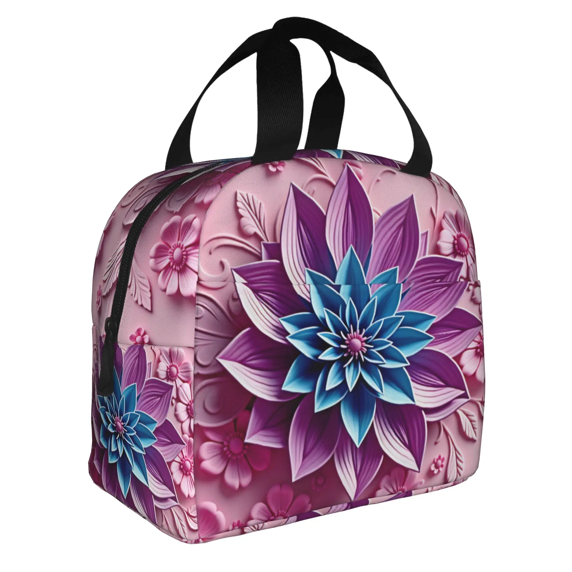 Luxury High 3D Floral Portable Lunch Boxes for Women Waterproof Fashion Trend 3D Flowers Thermal Cooler Food Insulated Lunch Bag