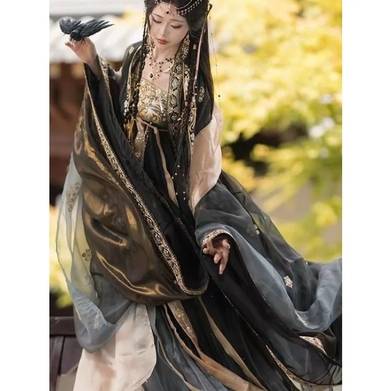 Black and red gorgeous Tang style big-sleeved cloak chest-length skirt Hanfu new daily heavy industry women
