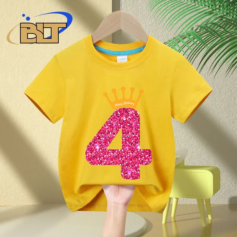 De manga curta t-shirt de algodão para meninas 4ª festa de aniversário, top casual para crianças, verão