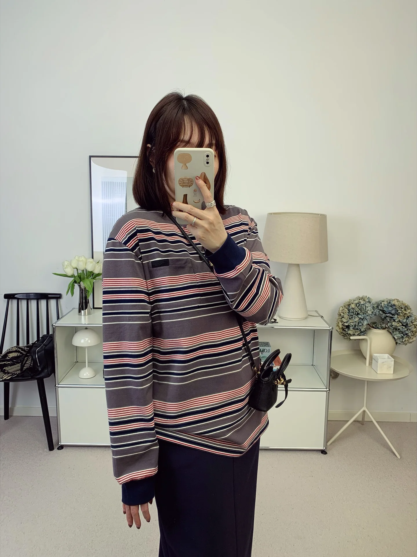 

Loose Long Sve T-irt ey Stripe Patch ket Miu Sle Women's Casual Breathable Cotton Spring Summer New Arrival