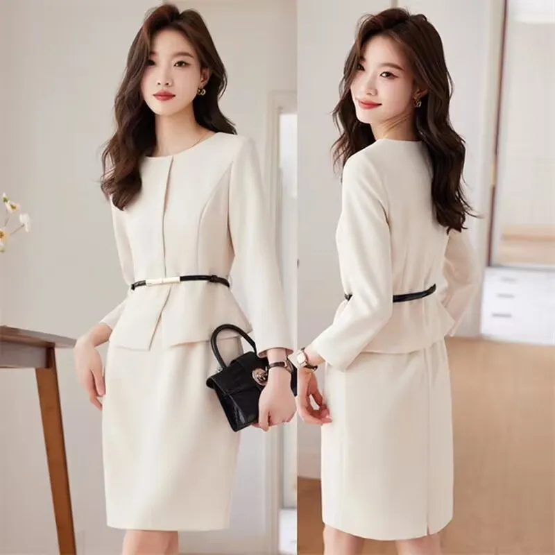 Professional Women's Clothing Autumn and Winter Long-Sleeved Fake Two-Piece Sheath Dress Hotel Front Desk Reception Beauty Salon