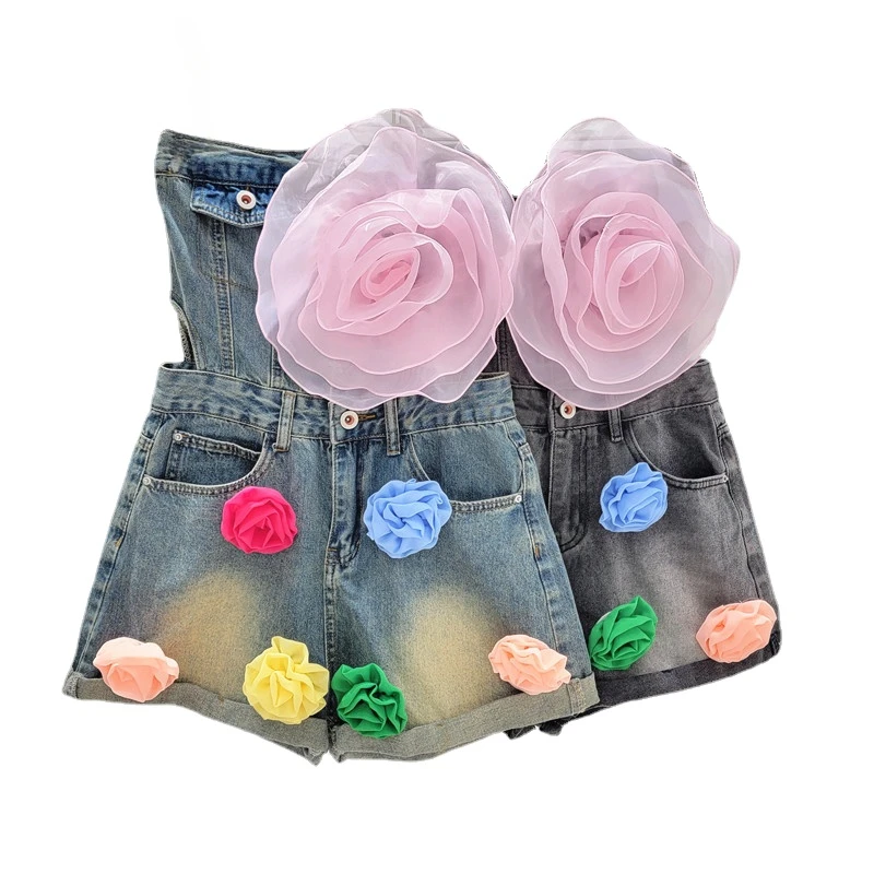 

Denim Jumpsuit for Women All-Match Flower Decoration Hot Girl Sexy Off-Shoulder Tube Top Shorts for Women Summer Street Outfit