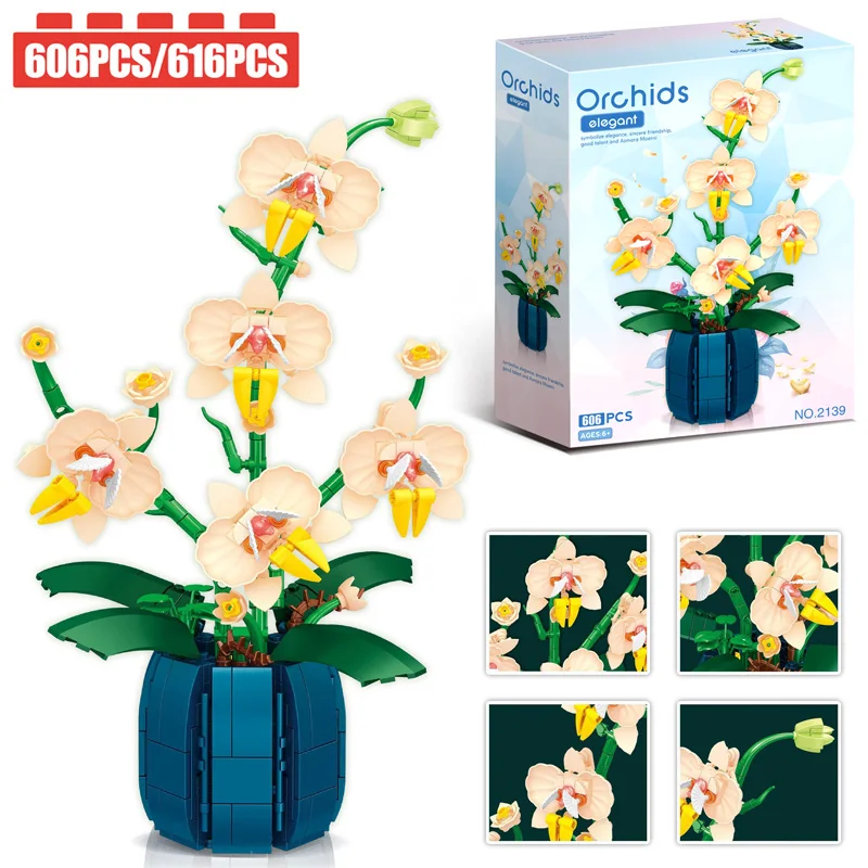 Orchid Flowers Building Blocks Bonsai Plant Model Bricks Bouquet Flower Blocks Creative Romantic Home Decoration Kids Toys Gifts