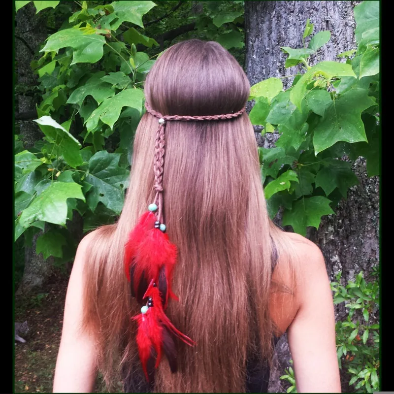 

AWAYTR Fashion Boho Style Feather Headband Hairpiece Beads Feather Headdress Handmade Girls Hair Accessories High Quality