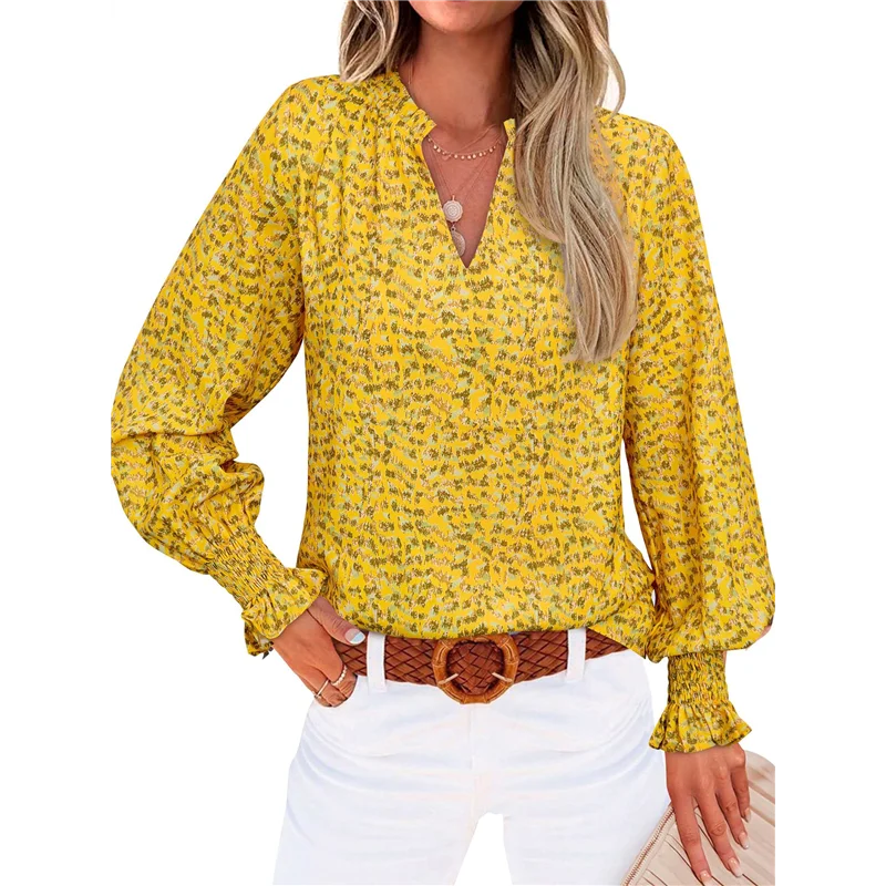 

FX-женские топы с v-образным вырезом и цветочным принтом, летние повседневные свободные шифоновые блузки с пышными рукавами в стиле бохо, футболки