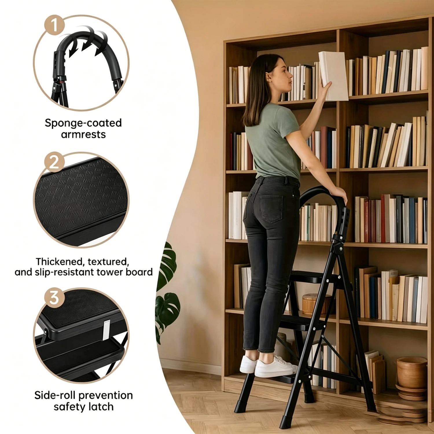 Three step high-altitude maintenance ladder, indoor and outdoor multifunctional zigzag ladder, portable high-altitude climbing ladder, foldable design, suitable for holiday/wedding planning/warehouse operation/home maintenance ladder