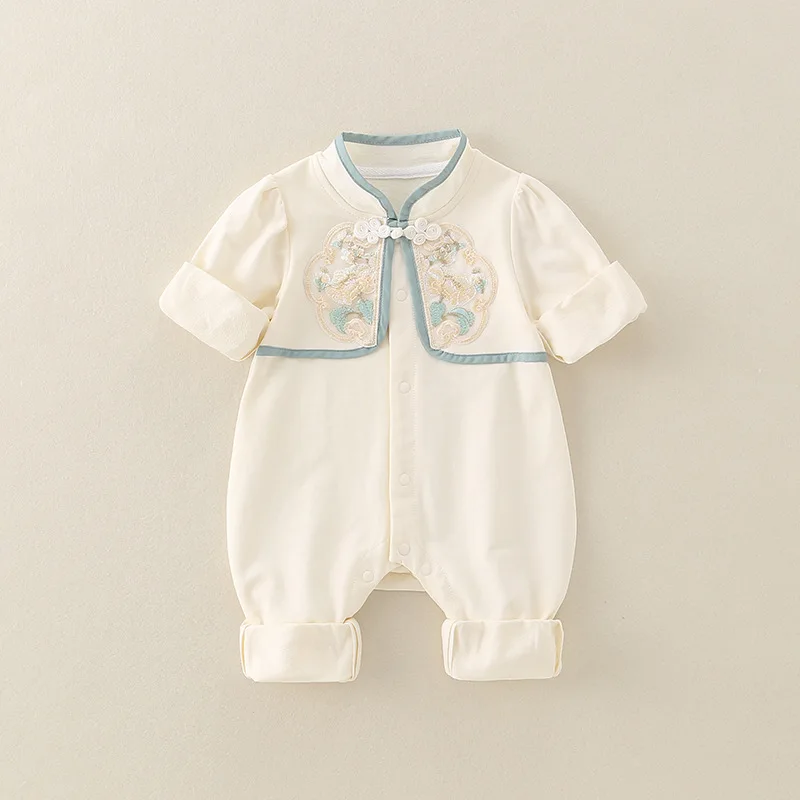 

Осень 202, комбинезон для маленьких девочек, воротник-стойка, вышитые боди для новорожденных девочек, комбинезон на одной пуговице для маленьких девочек