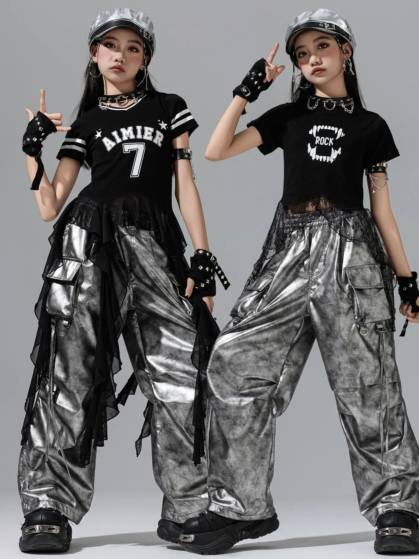 Vêtements de danse Jazz pour filles, hauts nombril d'été, pantalons hip hop argentés, Costume de spectacle de Concert de Style Kpop, vêtements de scène pour enfants BL16656